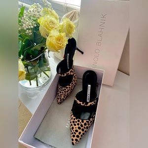 Brand New Manolo Blahnik Campari Leapord Mary Jane Mules, EU size 37
